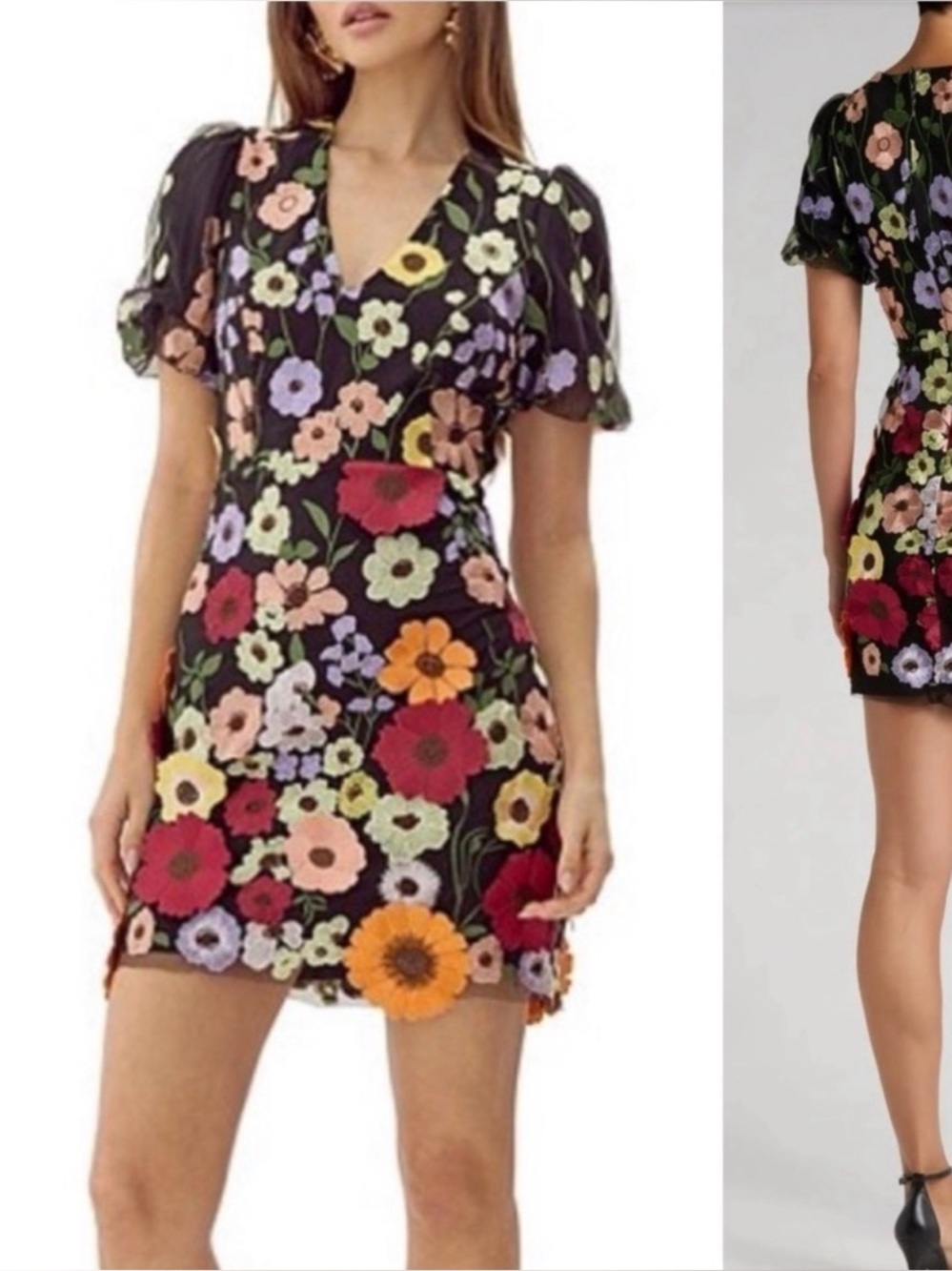 Adelyn Rae Black Mini Dress with Multicolor Floral Embroidery size Small